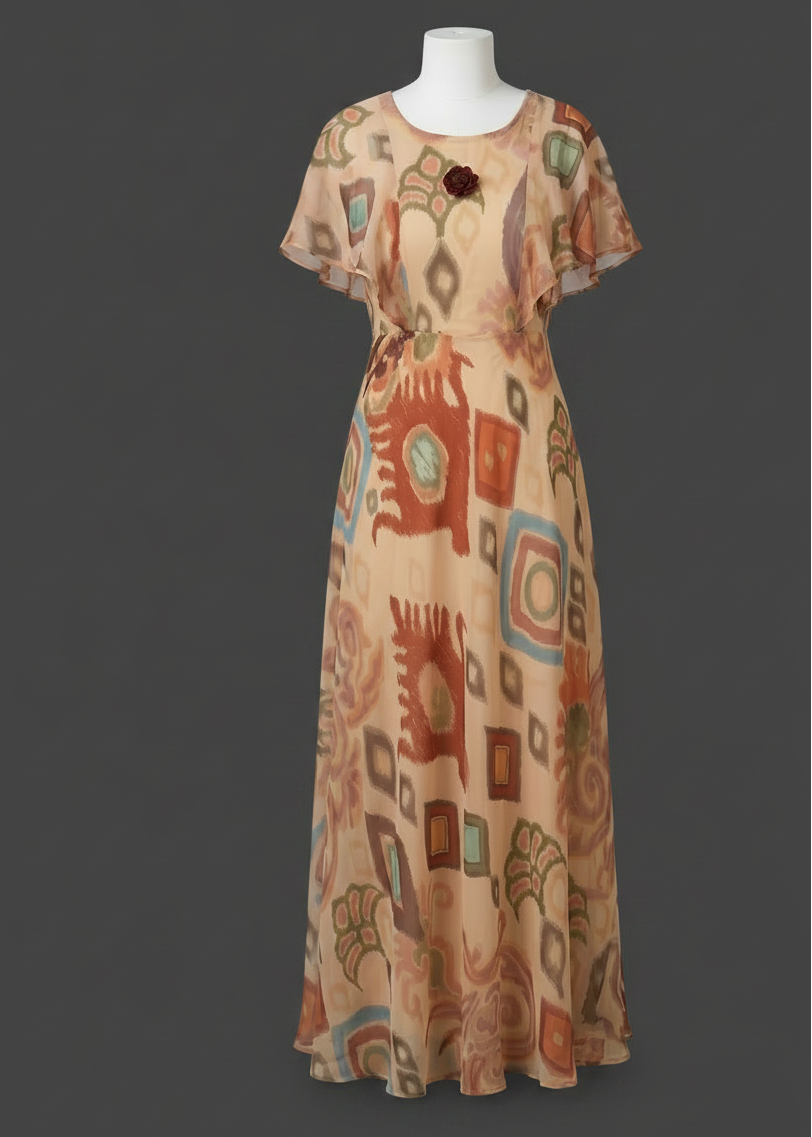 Beige Dhara Chiffon Ikkat dress - Gown