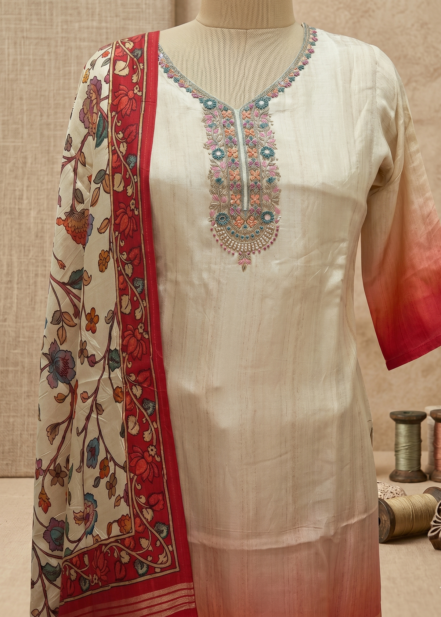 Beige Dhara Ombre Silk Hand embroidered Suit set