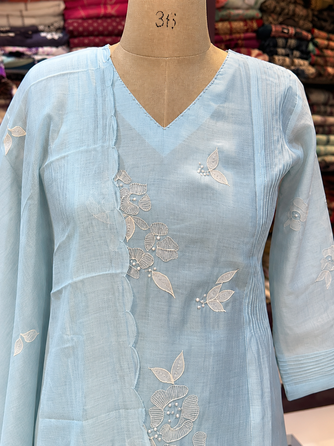 Sky Blue Mul chanderi A line Embroidery outfit - set of 3