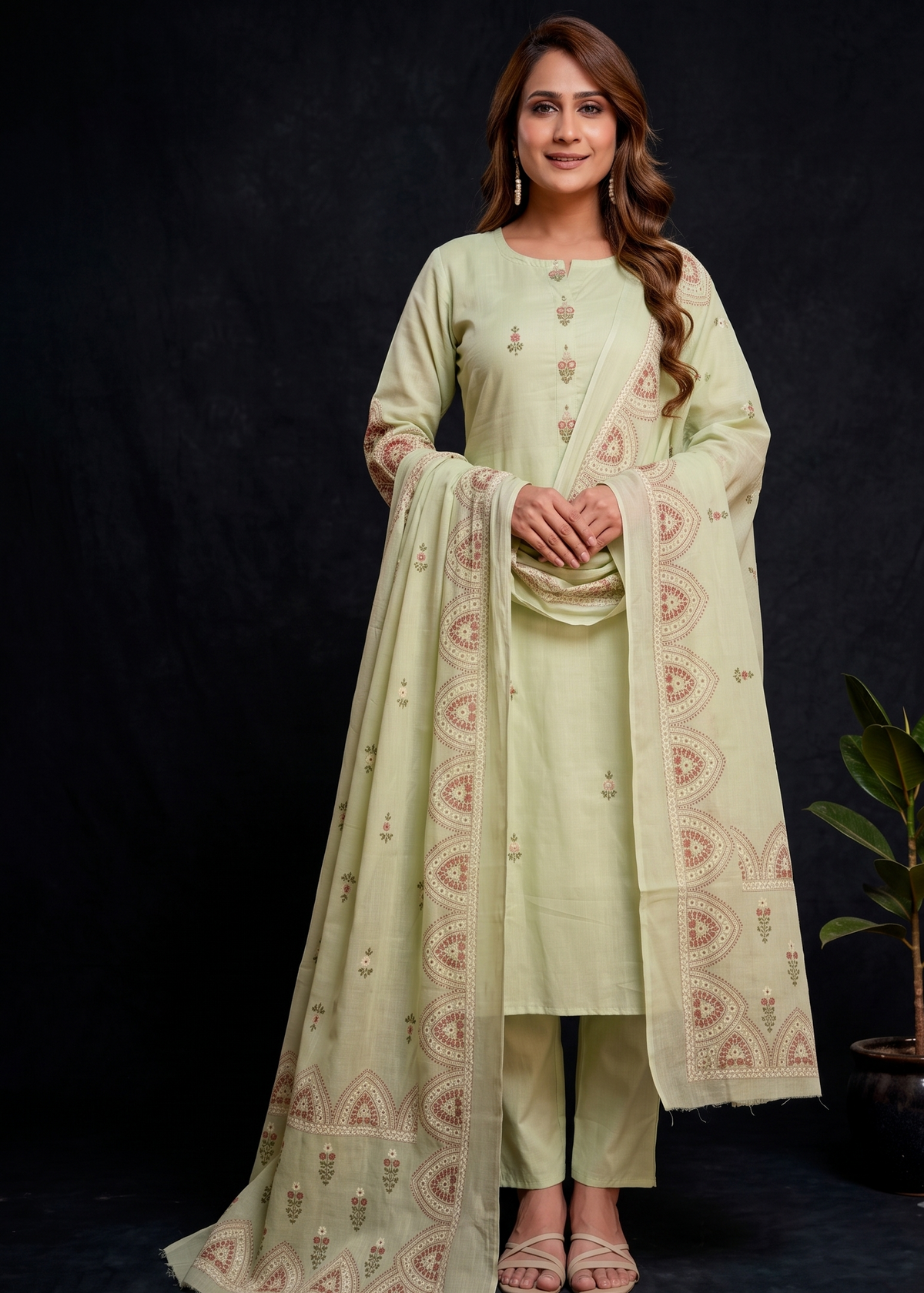 Pista Green Kriya Mul cotton printed Suit Set With Dupatta -set of 3