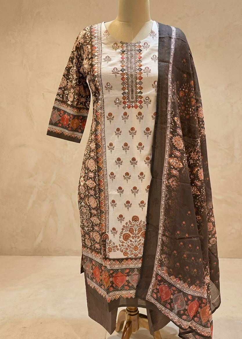 Charvi Brown cotton Straight Suit Set With Duppata - Best seller