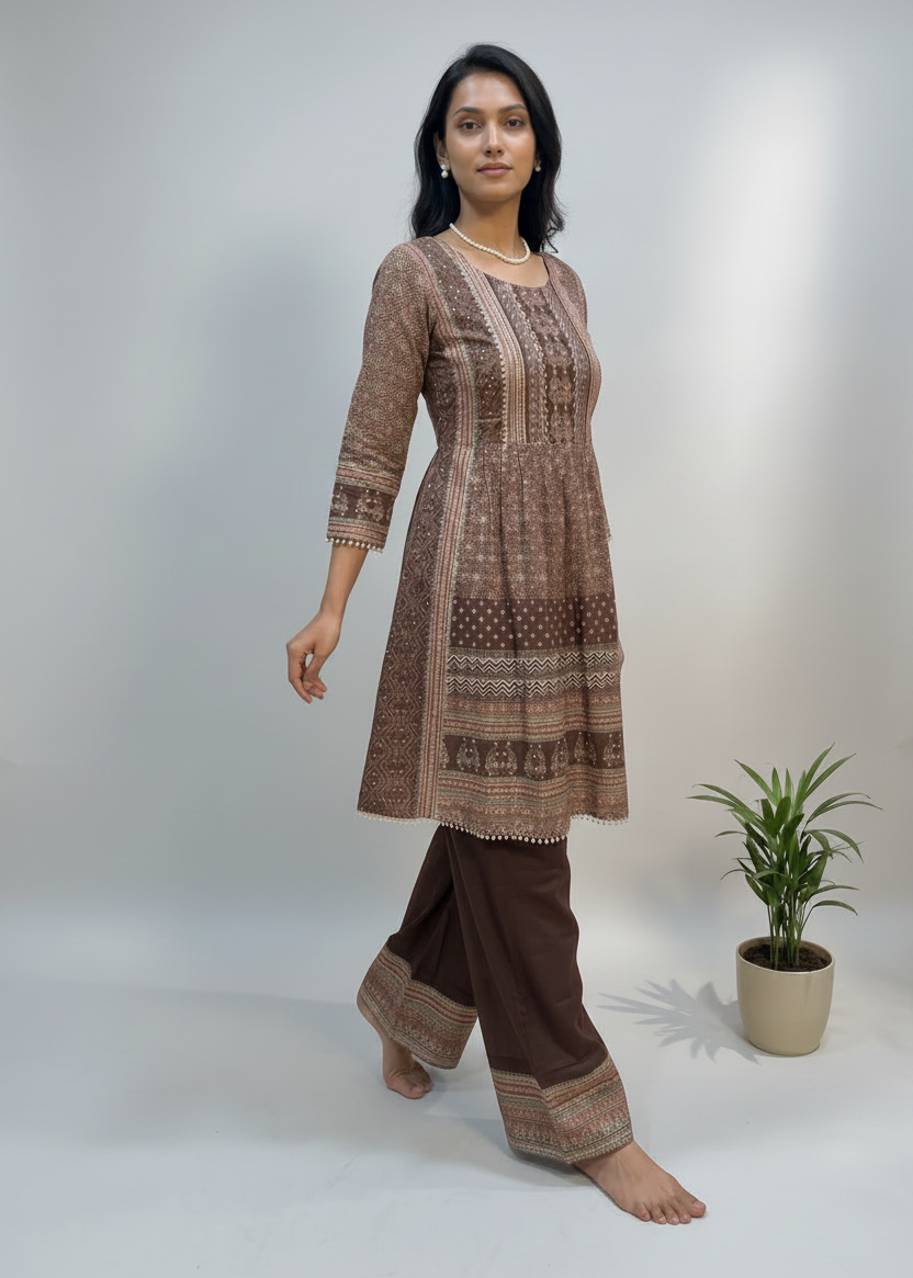 Brown Miral Crepe Short Anarkali -Set of 3