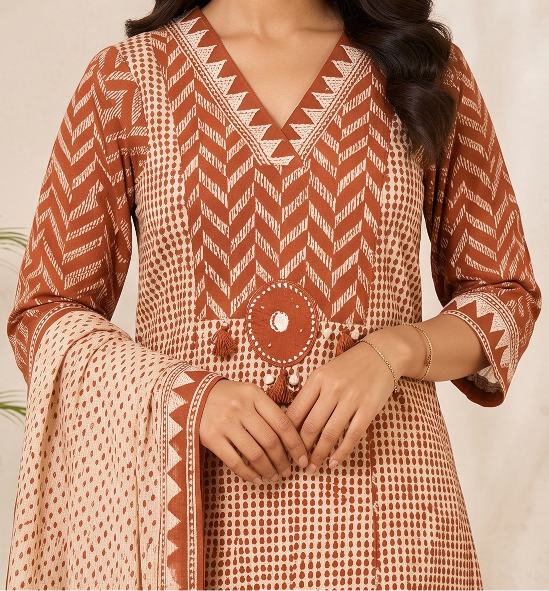 Rust A-Line Suit Set With Dupatta - set of 3