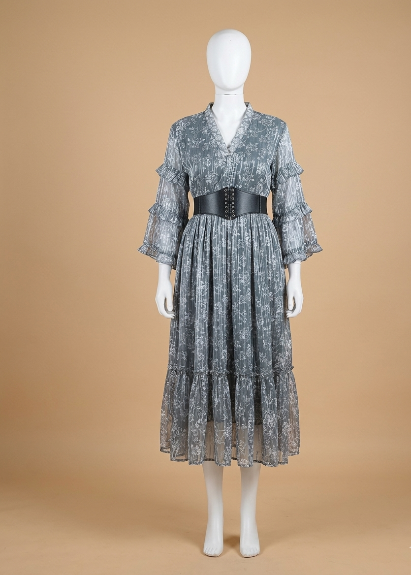 Grey Lurex Georgette Gown