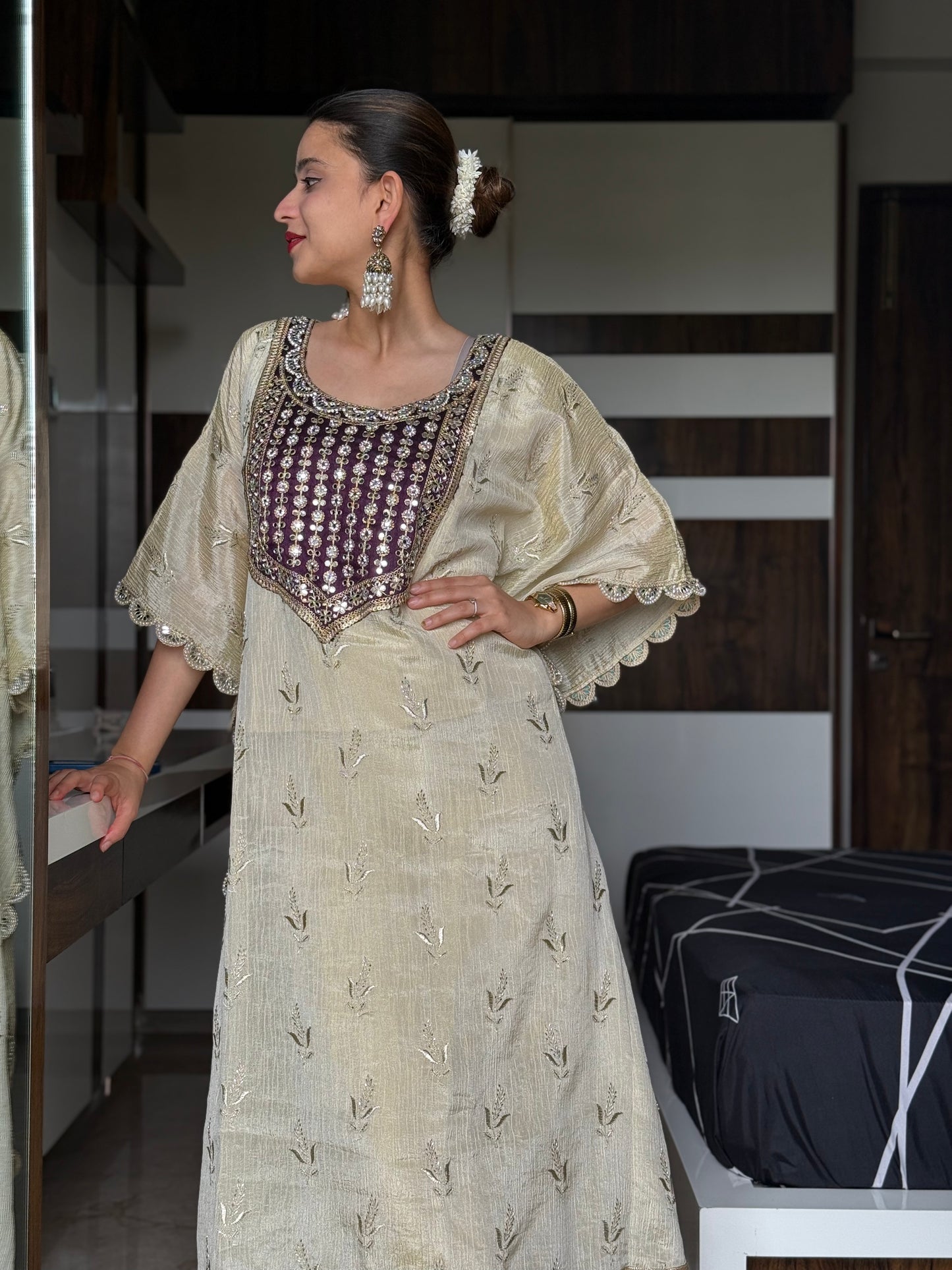Dull Gold Priyam Tissue silk Kaftan Set