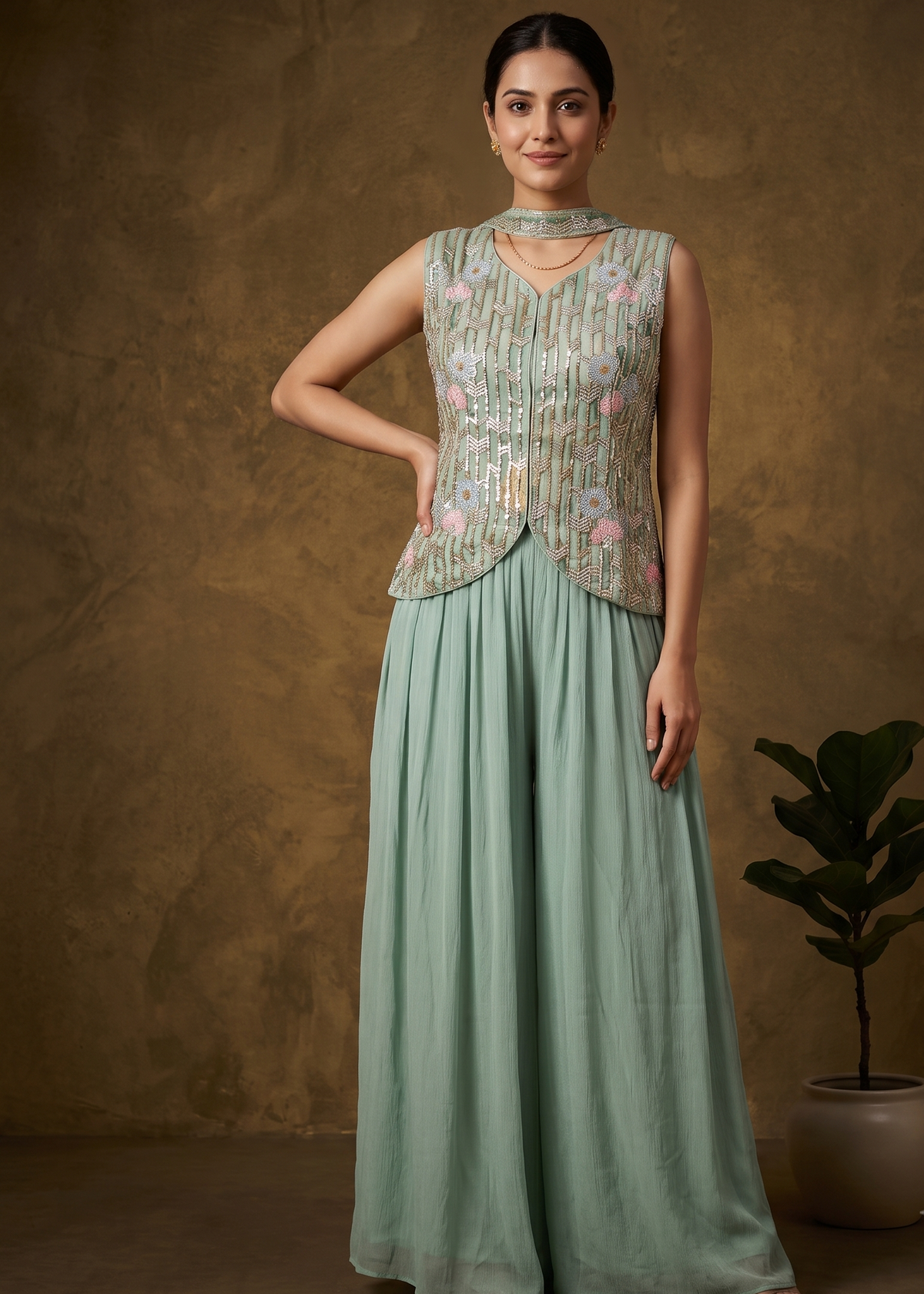 Indo western pastel Green Crop top and plazzo