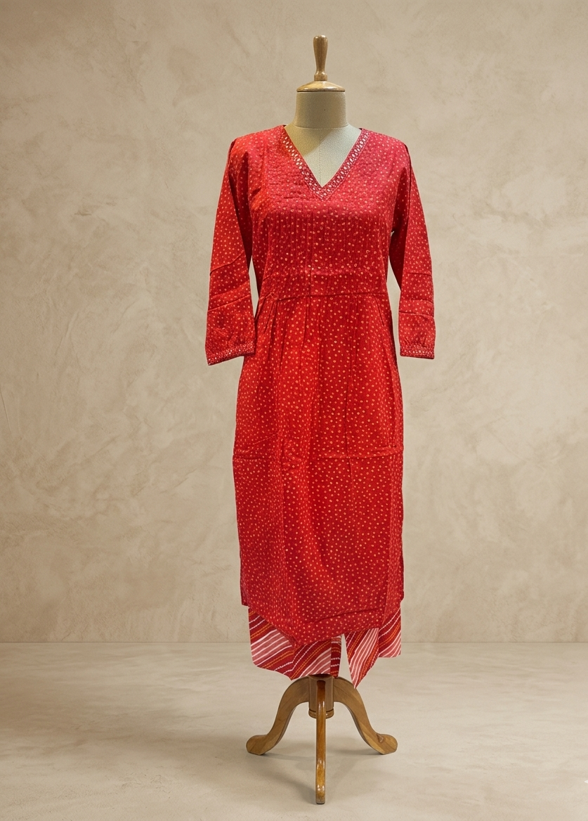 Divi Red Bandini cottton Kurta Bottom Set