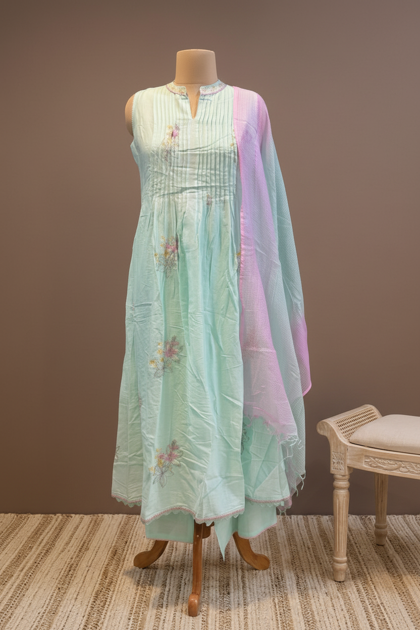 stylish Blue Mul Cotton A-Line Suit Set with Traditional Ethnic Design