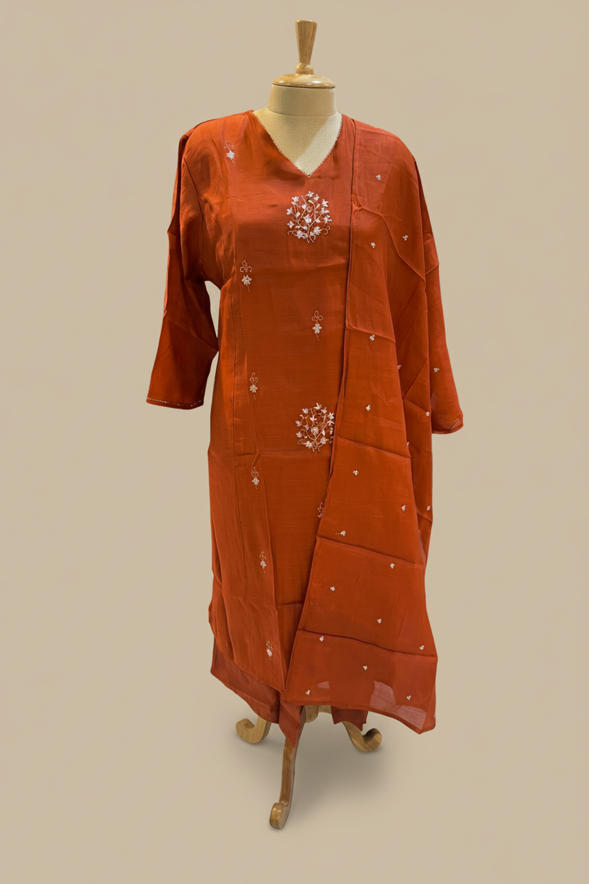 Mirha Rust Orange Mul chanderi Straight Suit Set With Duppata