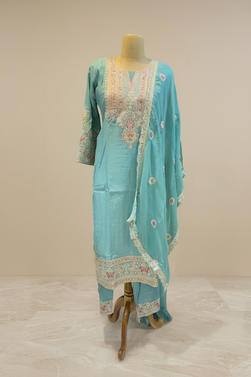Sky Blue Rosie Straight Suit Set With Duppata