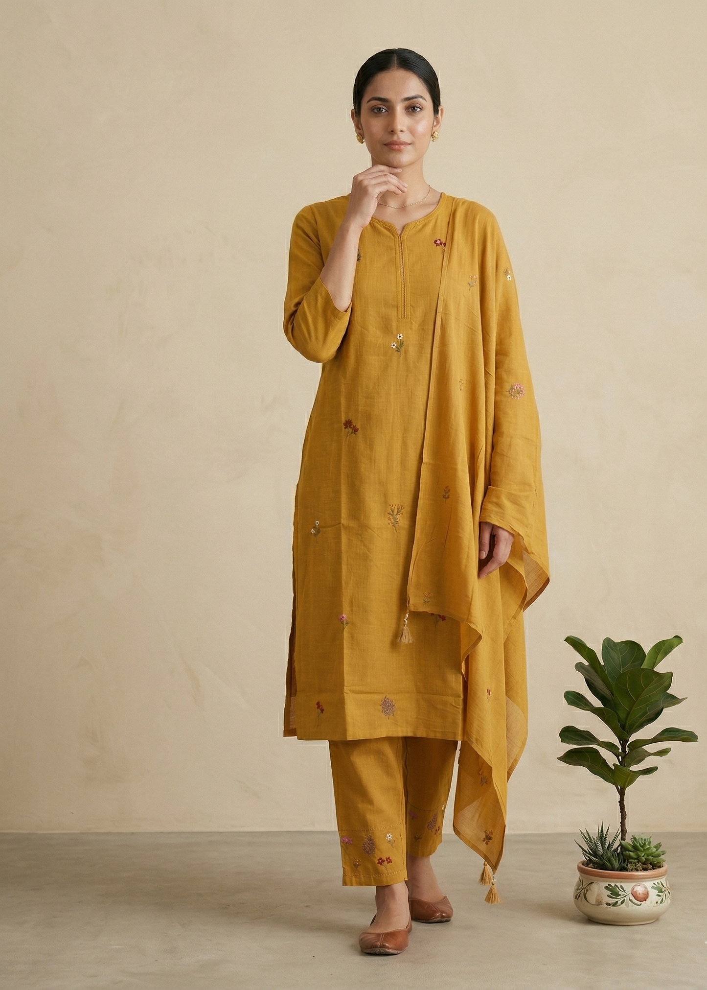 Mustard Kesar Slub Cotton Suit set