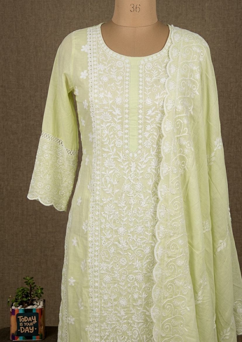Women Pastel Green Chikankari Embroidered Mul Cotton Anarkali Dress Set