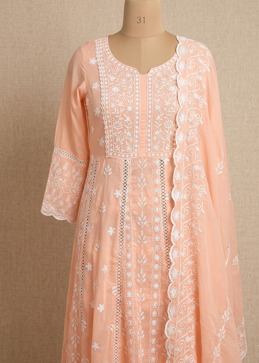 Soft Mul Cotton Peach Anarkali Suit Set with Elegant Ethnic Design