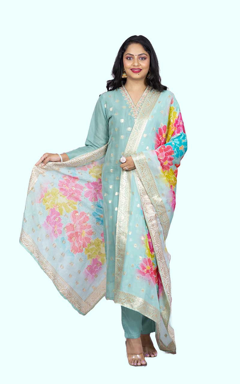 Powder Blue Organza Banarasi Suit Set