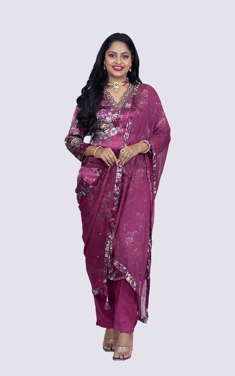 Maroon printed Satin Silk Suit Set
