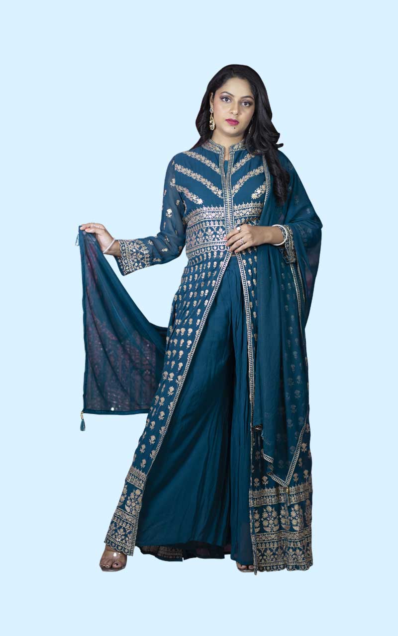 Teal green Georgette sharara set