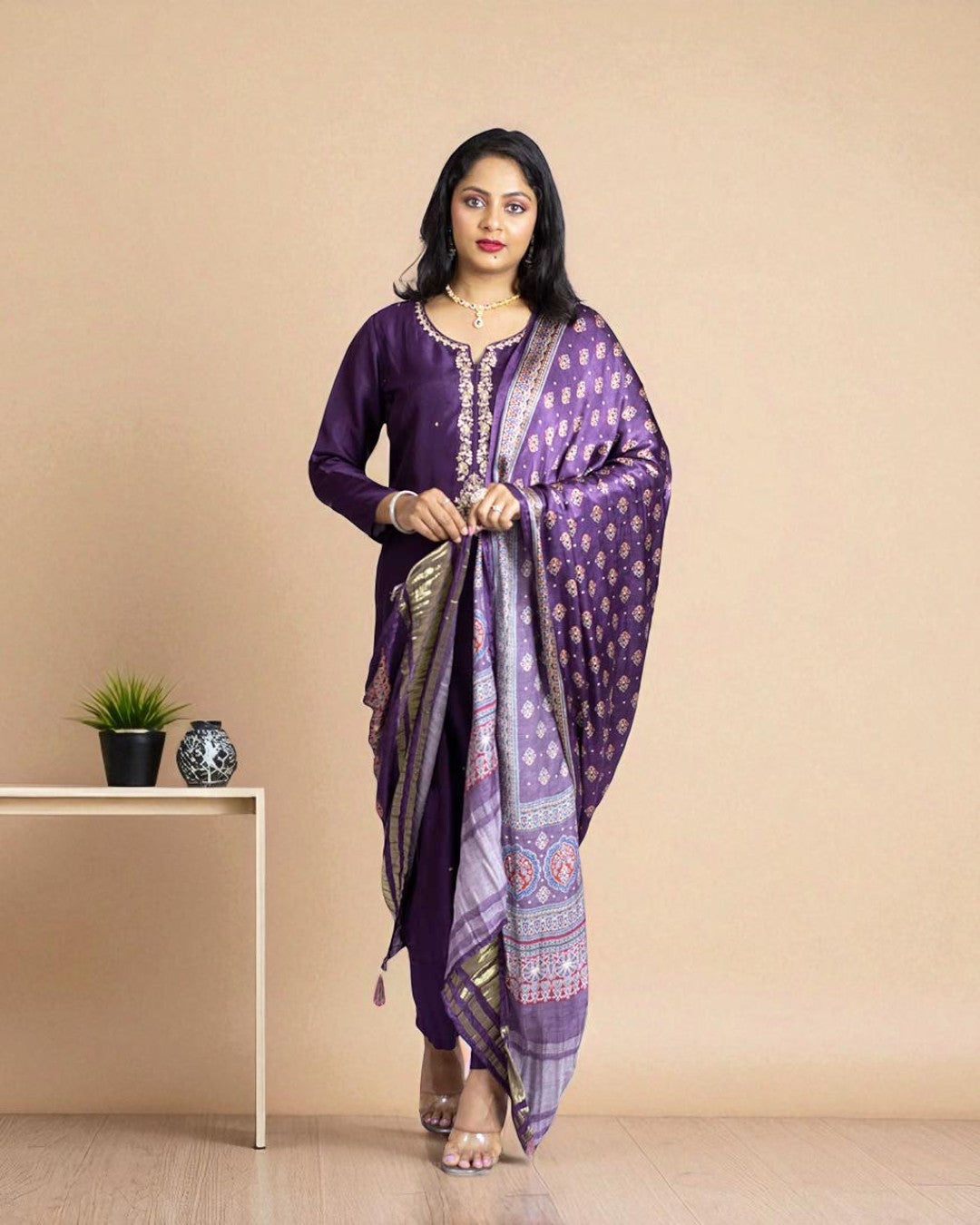 Purple Gajji silk Suit Set