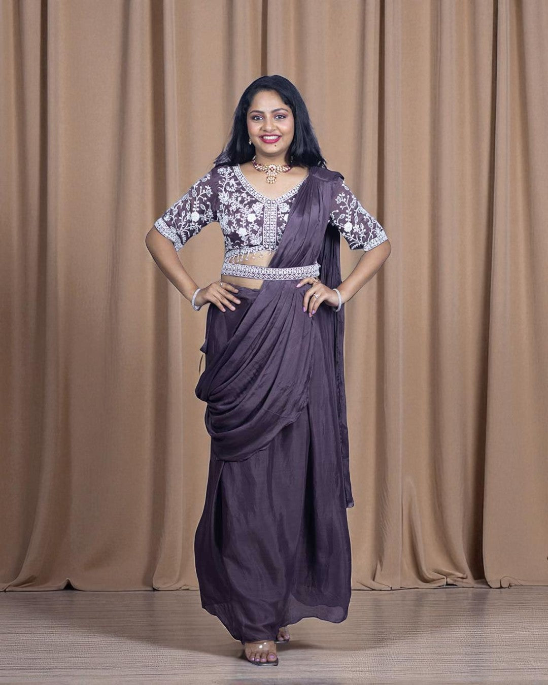 Pearl chinon silk Drape style handcrafted Lehenga