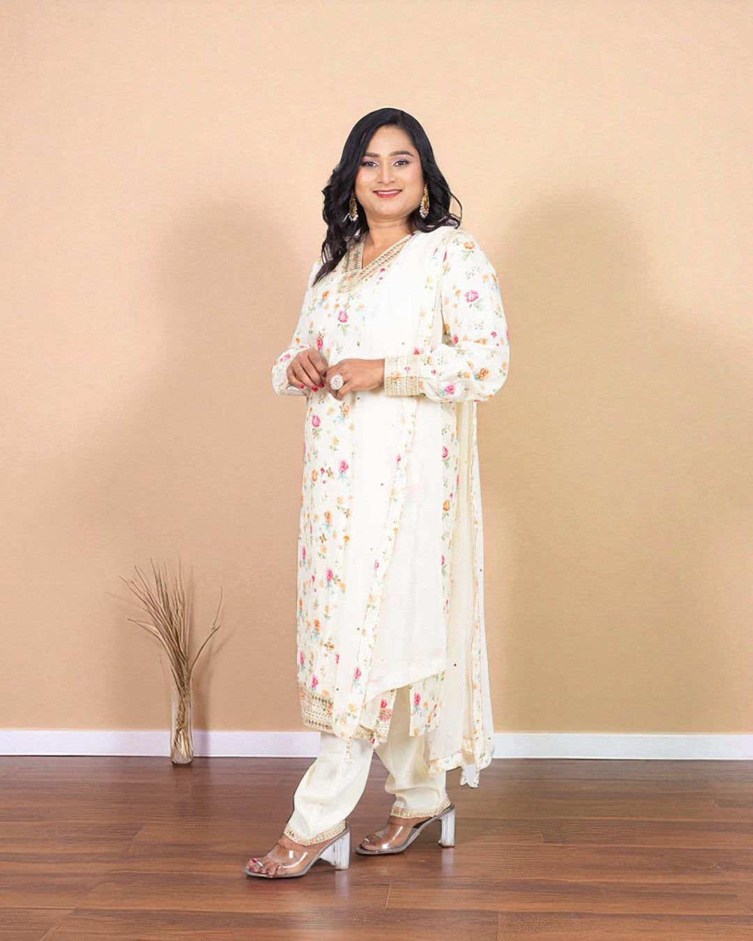 Ivory Ritva Floral silk suit set