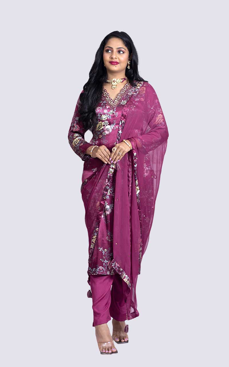 Maroon printed Satin Silk Suit Set
