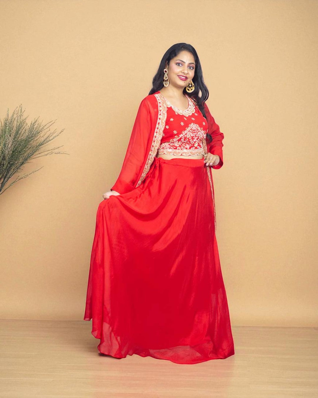 Red Chinon silk Handcrafted Jacket Lehanga Set