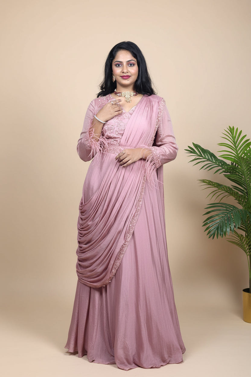 Onion Pink Chinon silk drape gown - Indo Western