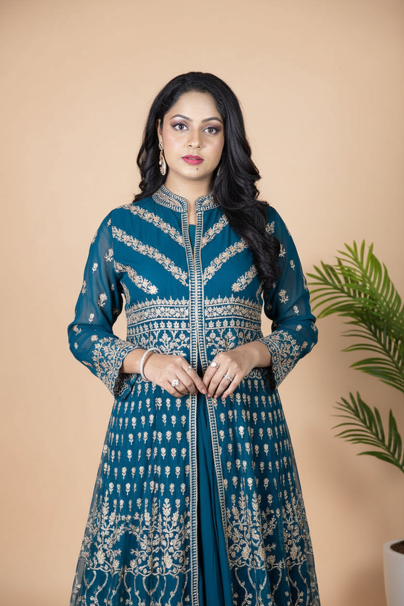 Teal green Georgette sharara set