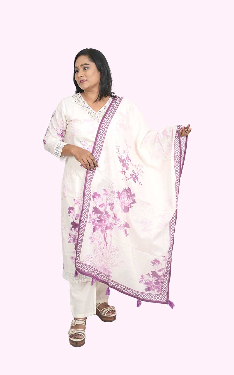 Off white Purple Petals cotton suit set