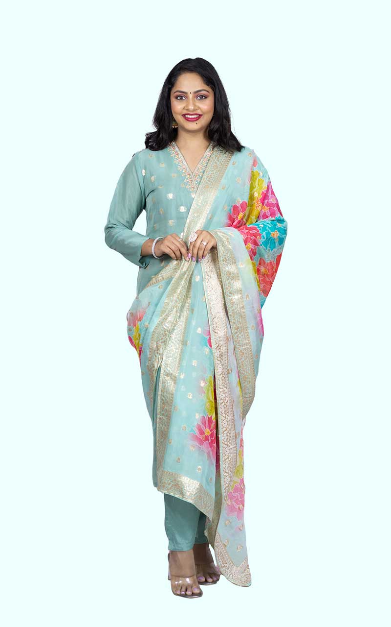 Powder Blue Organza Banarasi Suit Set