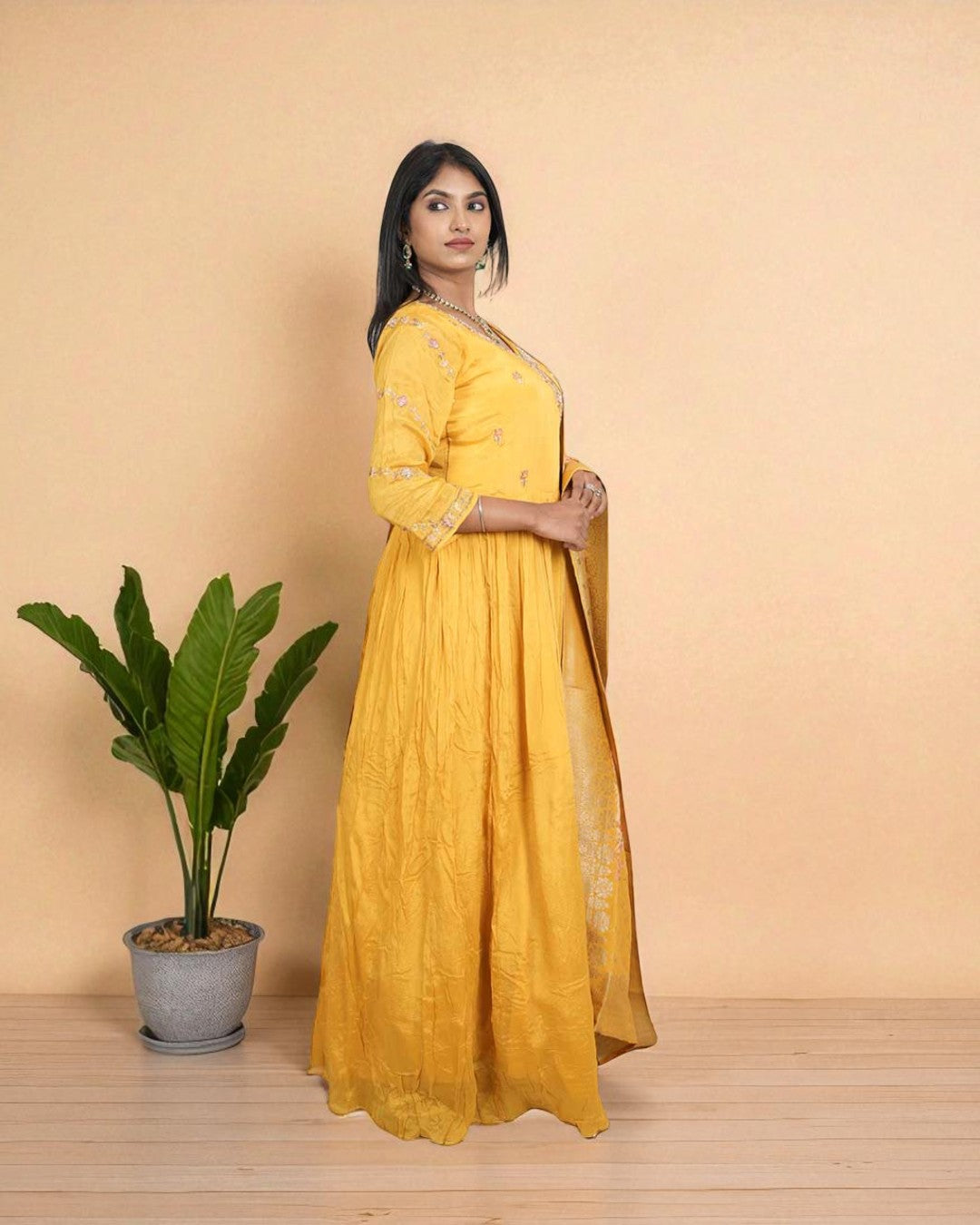 Yellow Mishika chinon silk Handcrafted Gown