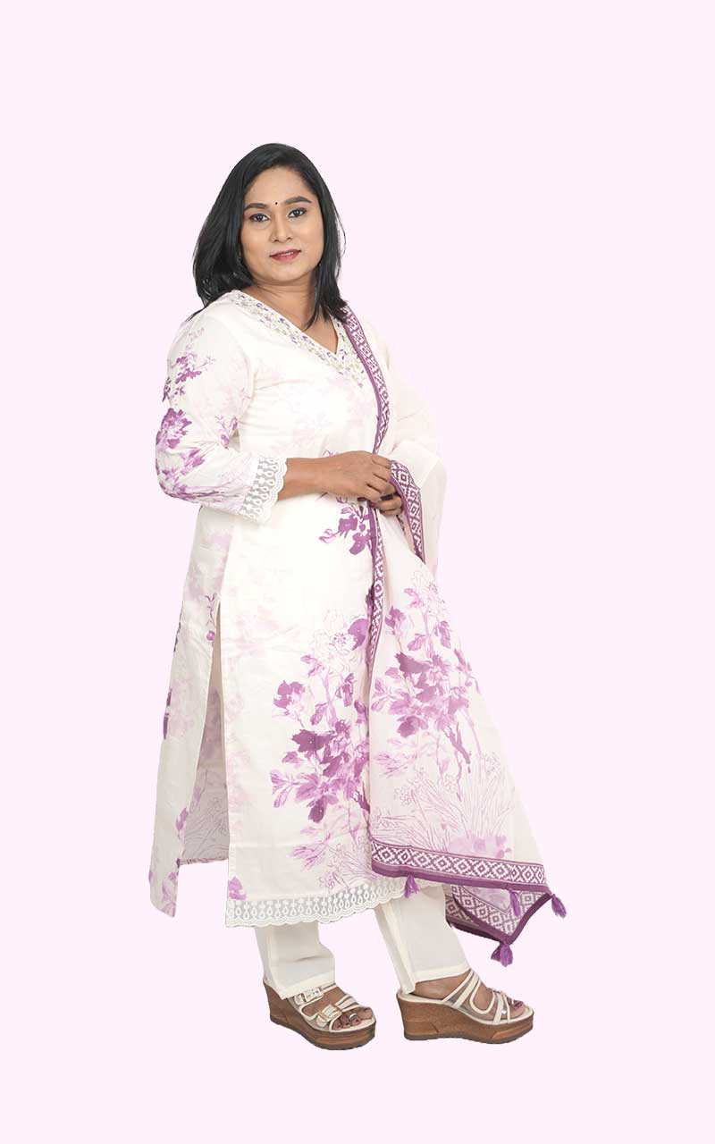 Off white Purple Petals cotton suit set