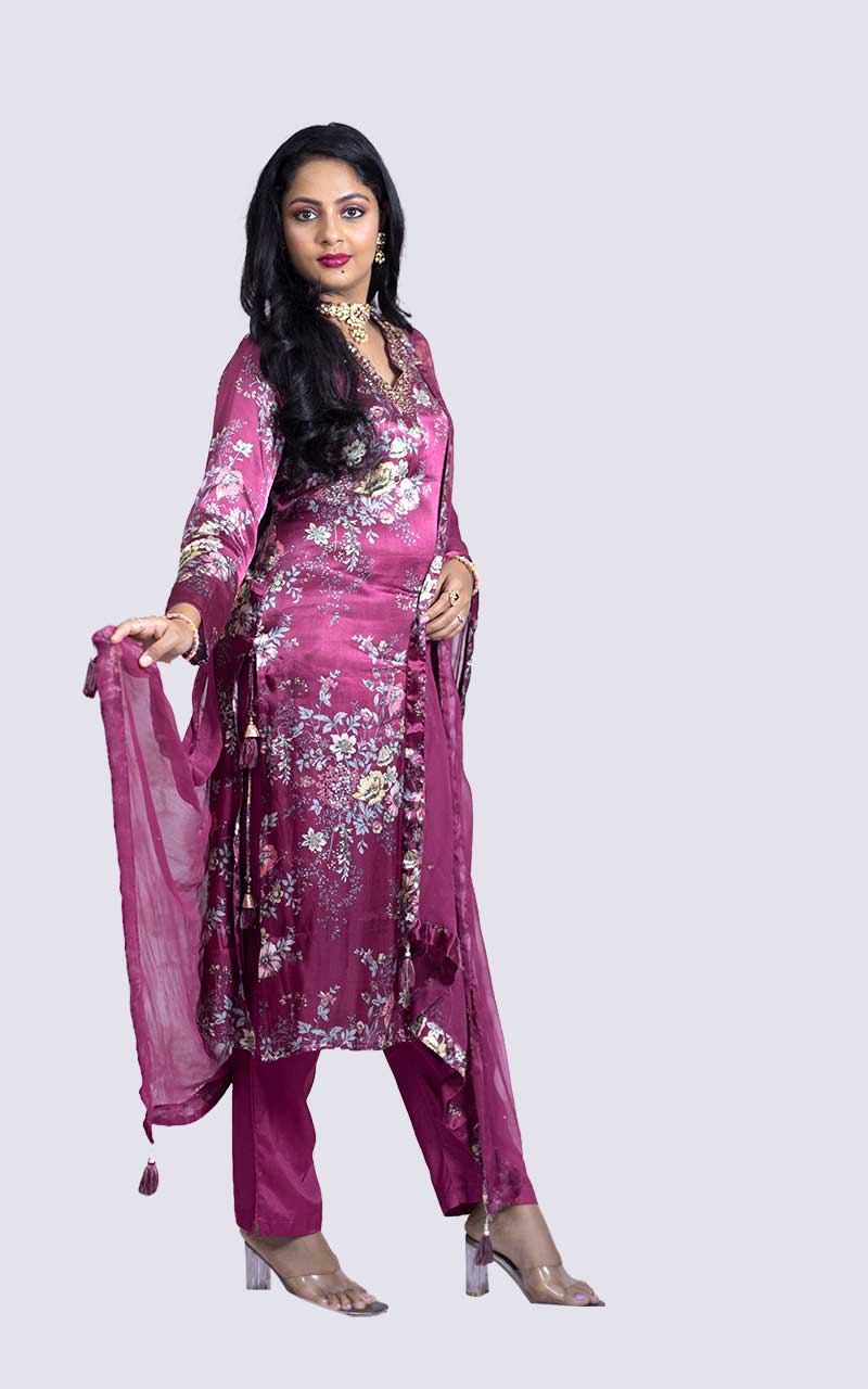 Maroon printed Satin Silk Suit Set