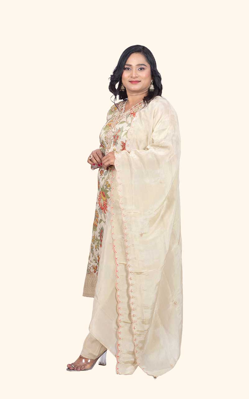 Beige Kalamkari Tissue silk Suit Set