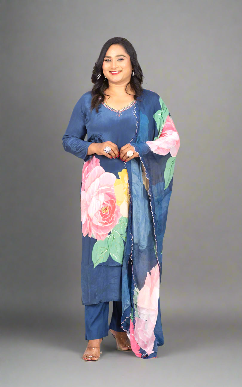 Blue Payal crepe silk suit set