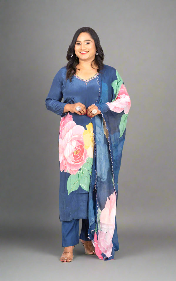 Blue Payal crepe silk suit set