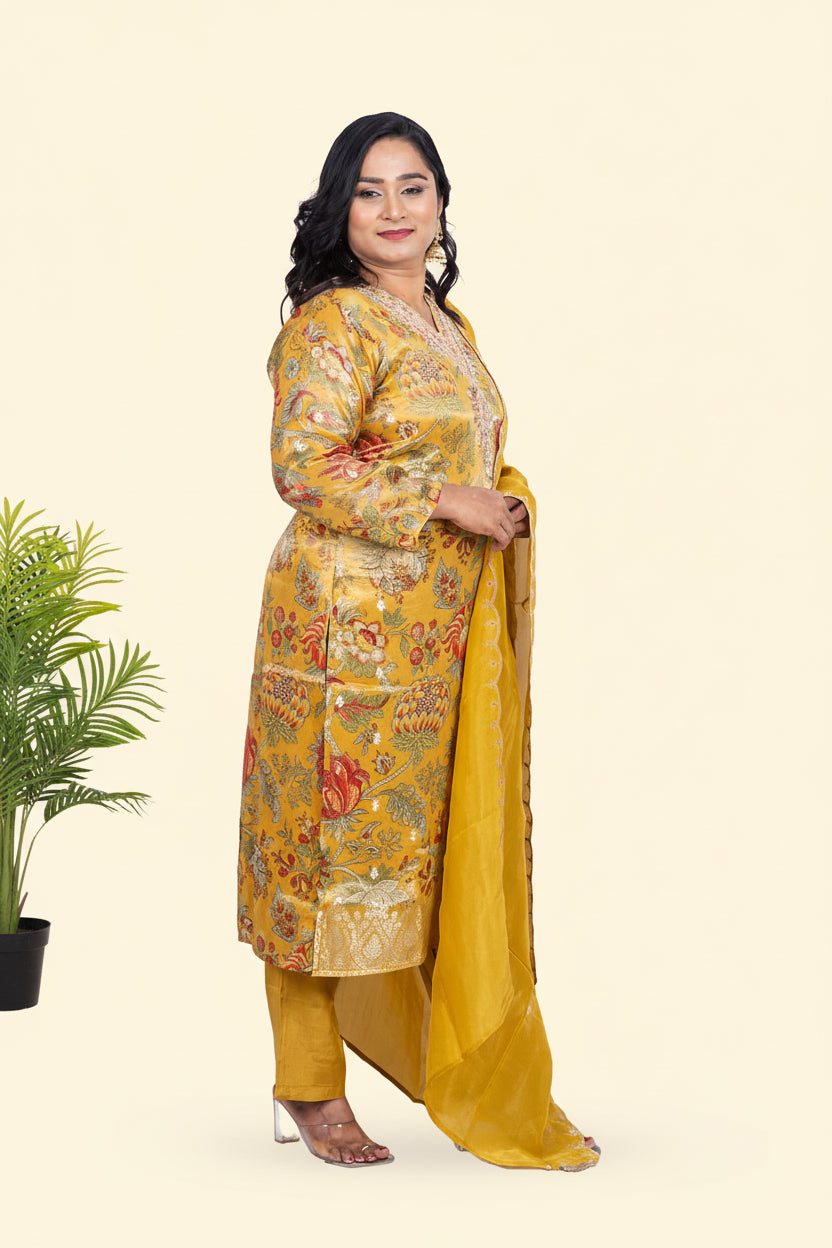 Yellow Kalamkari Tissue silk Suit Set