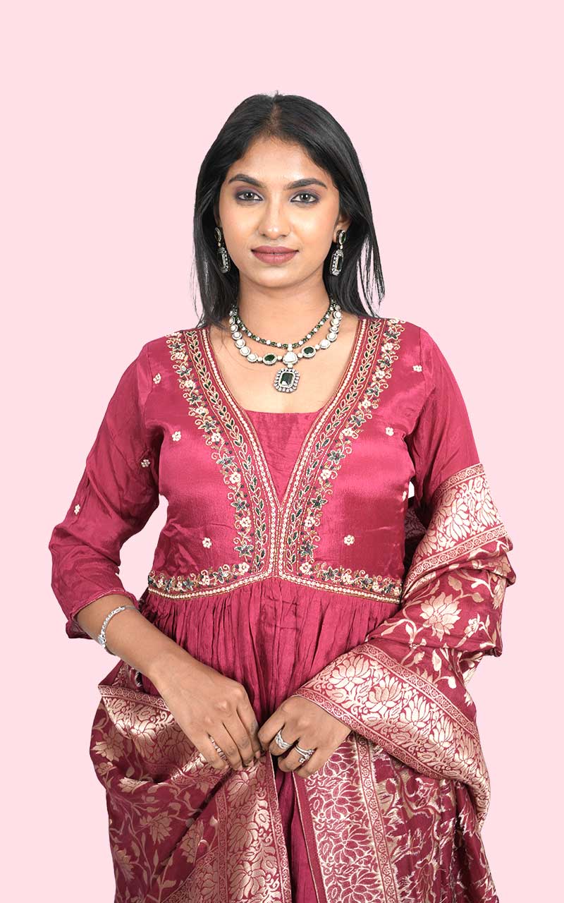 Maroon Anam chinon silk Empire gown