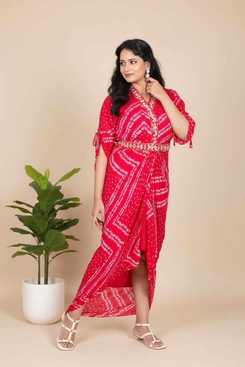 Red Megha Bandini Cowl Gown