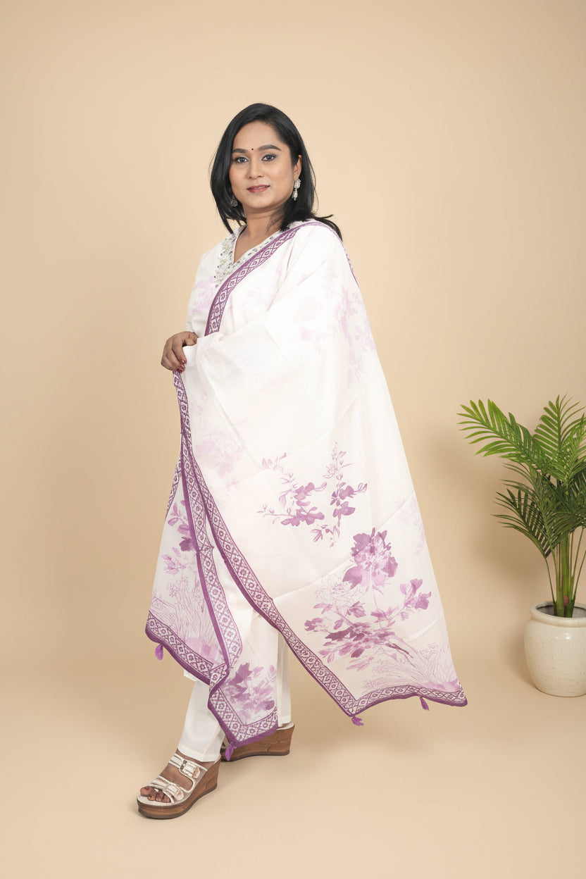 Off white Purple Petals cotton suit set