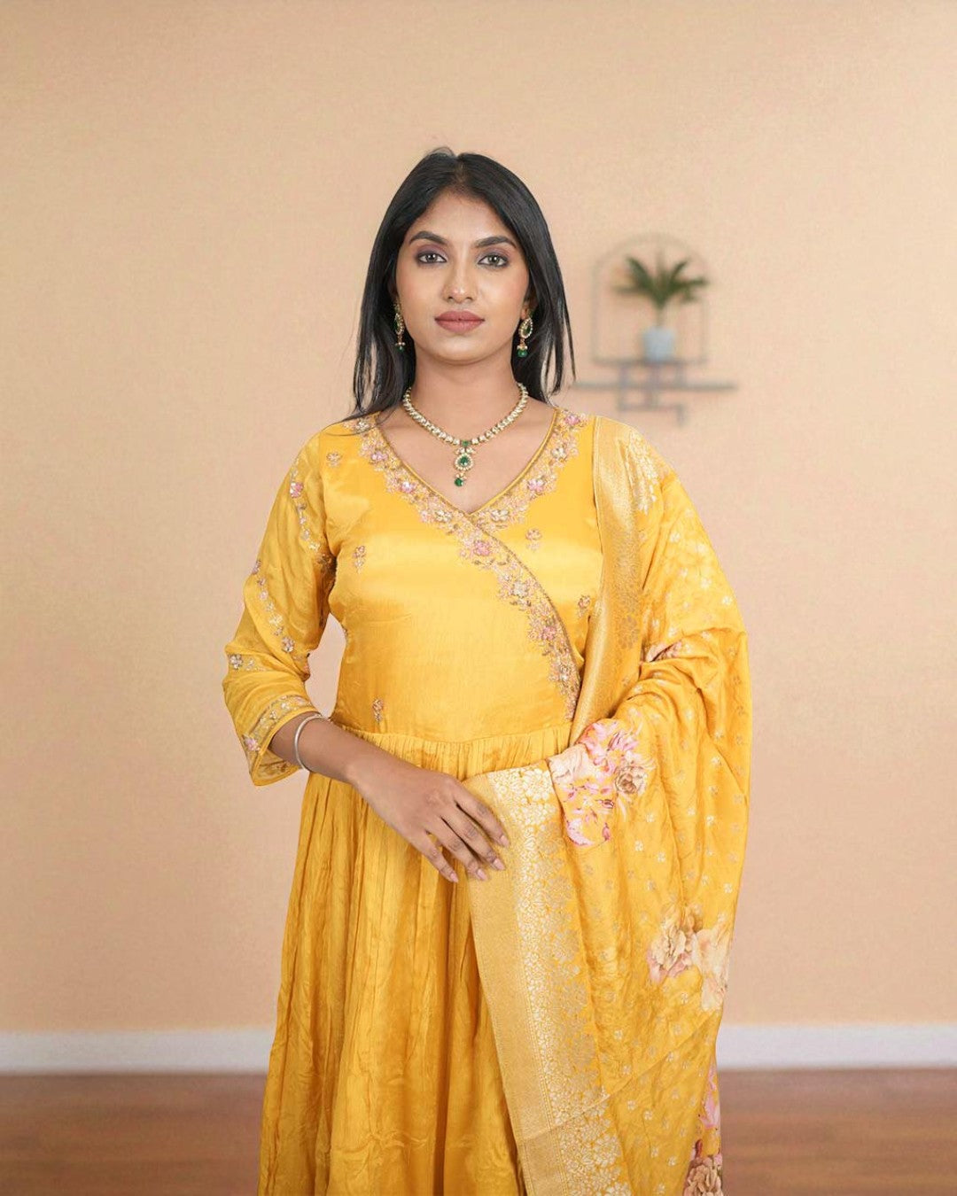 Yellow Mishika chinon silk Handcrafted Gown