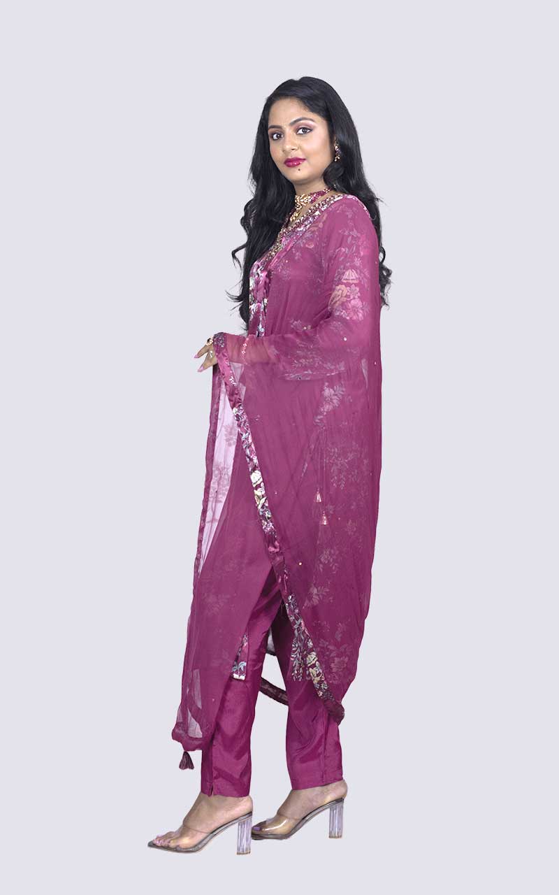 Maroon printed Satin Silk Suit Set