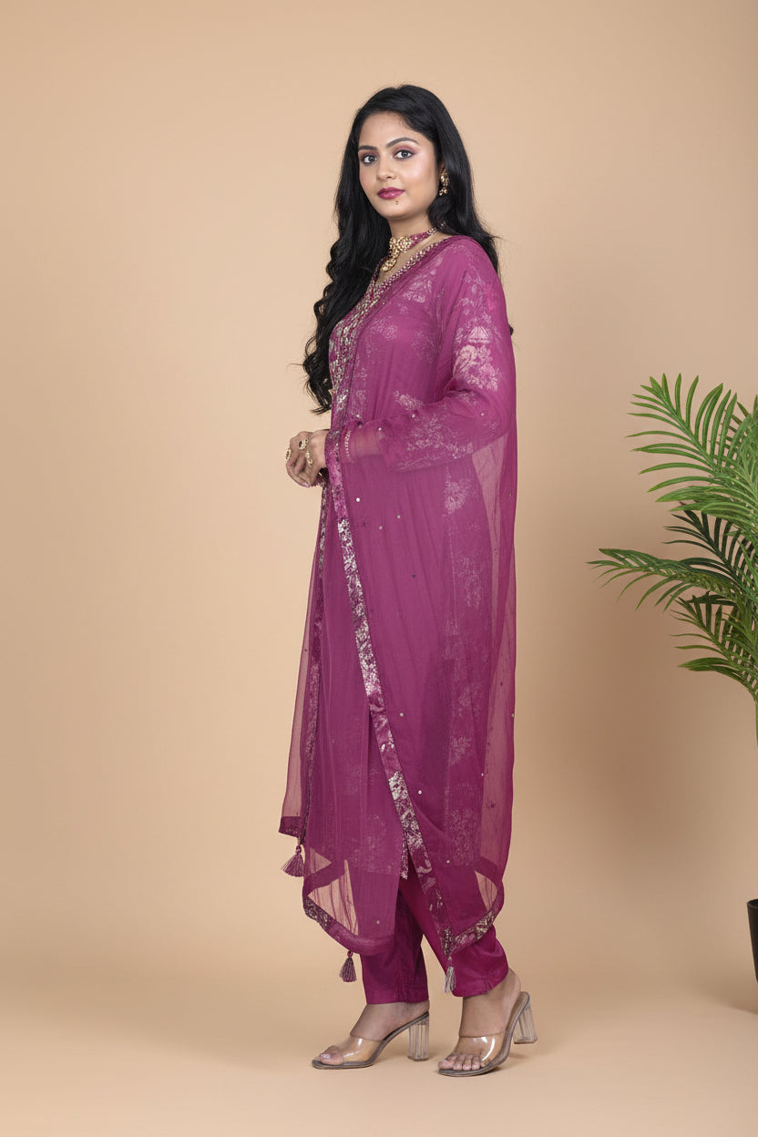 Maroon printed Satin Silk Suit Set