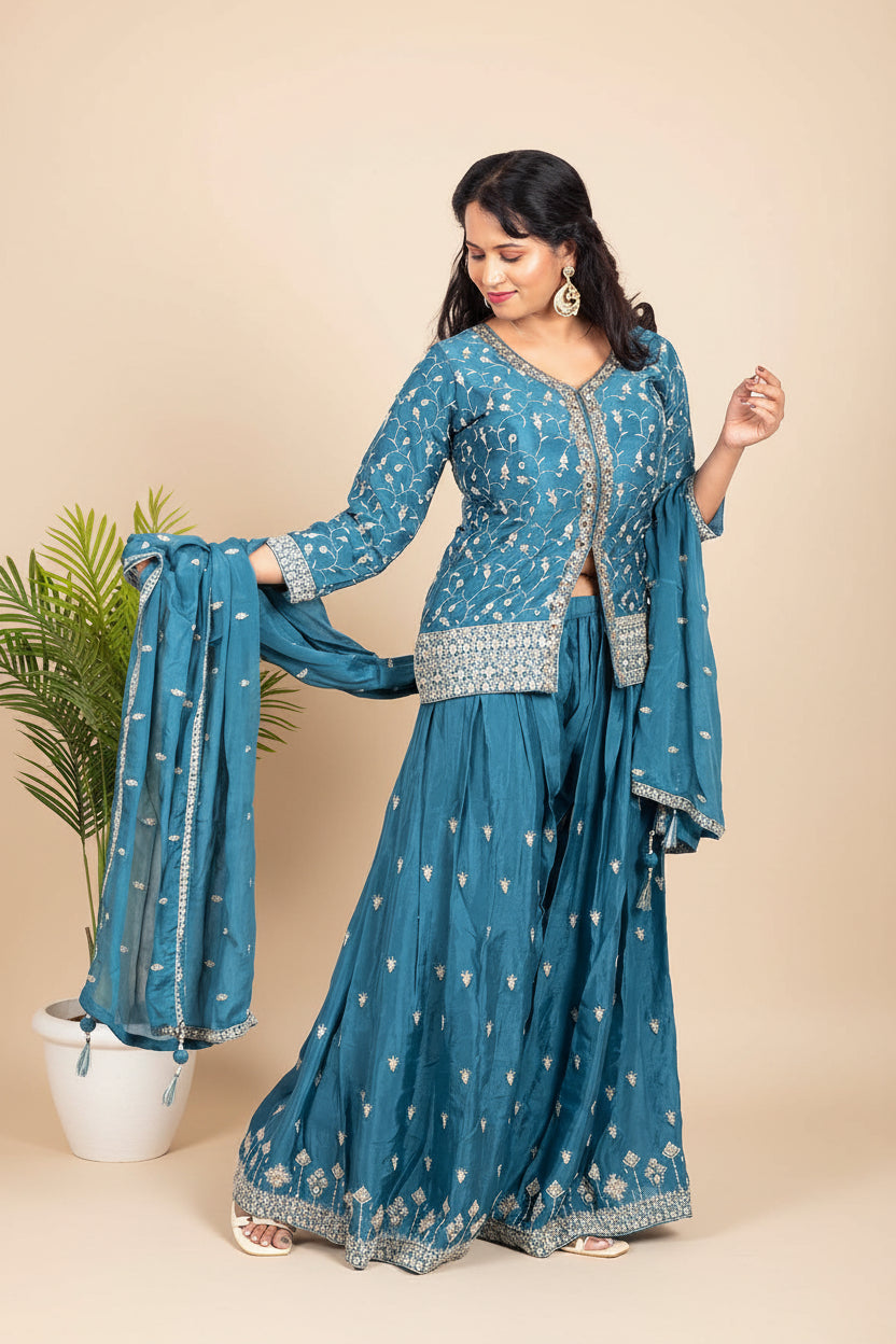Powder Blue Falak chinon silk embroidered Blazer set