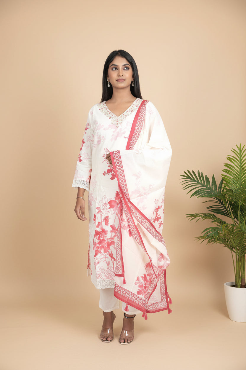 Off white Peach petals cotton suit set