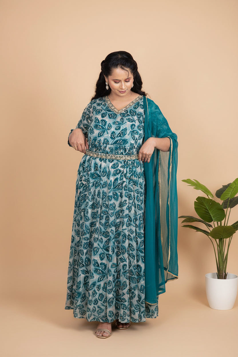 Teal Green Nyracut Chinon silk suit set