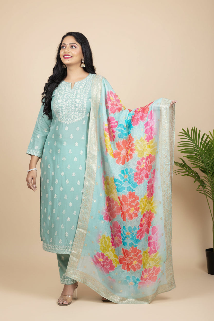 Powder Blue Organza Banarasi Suit Set