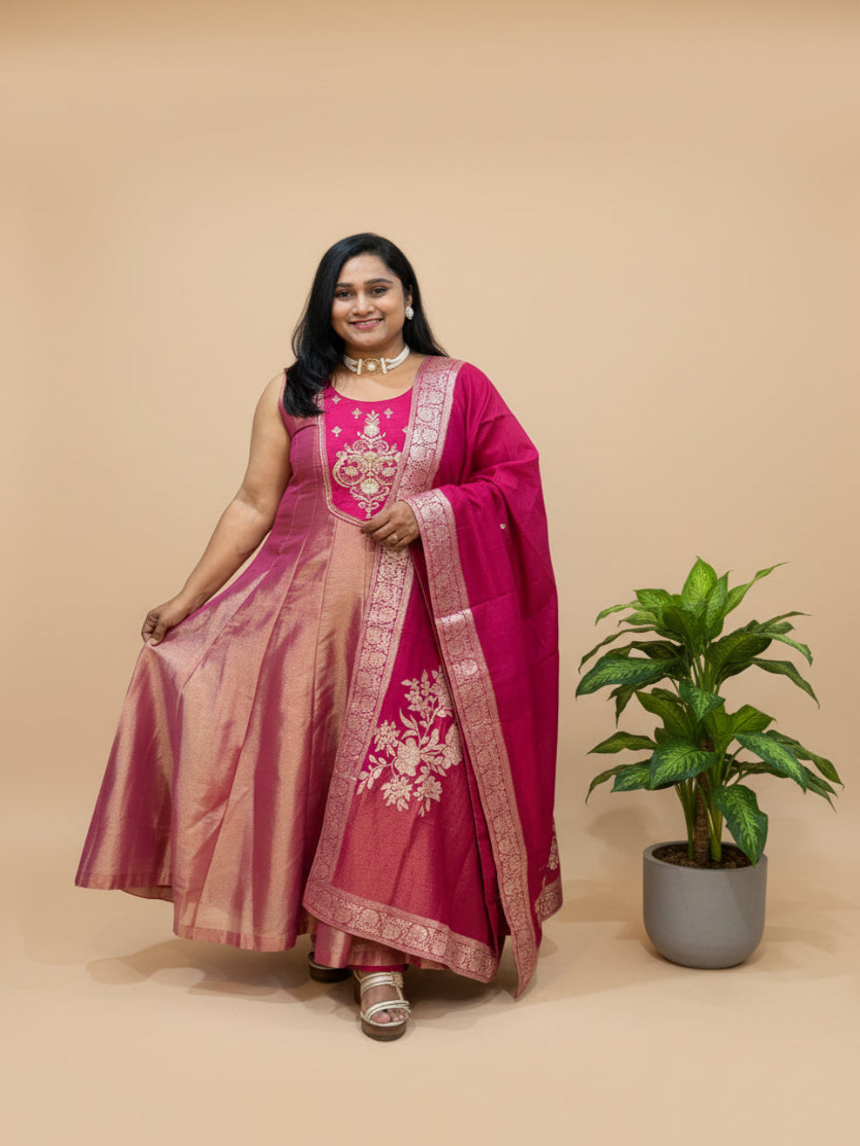 Pink Sajini Tissue Anarkali Suit set- set of 3