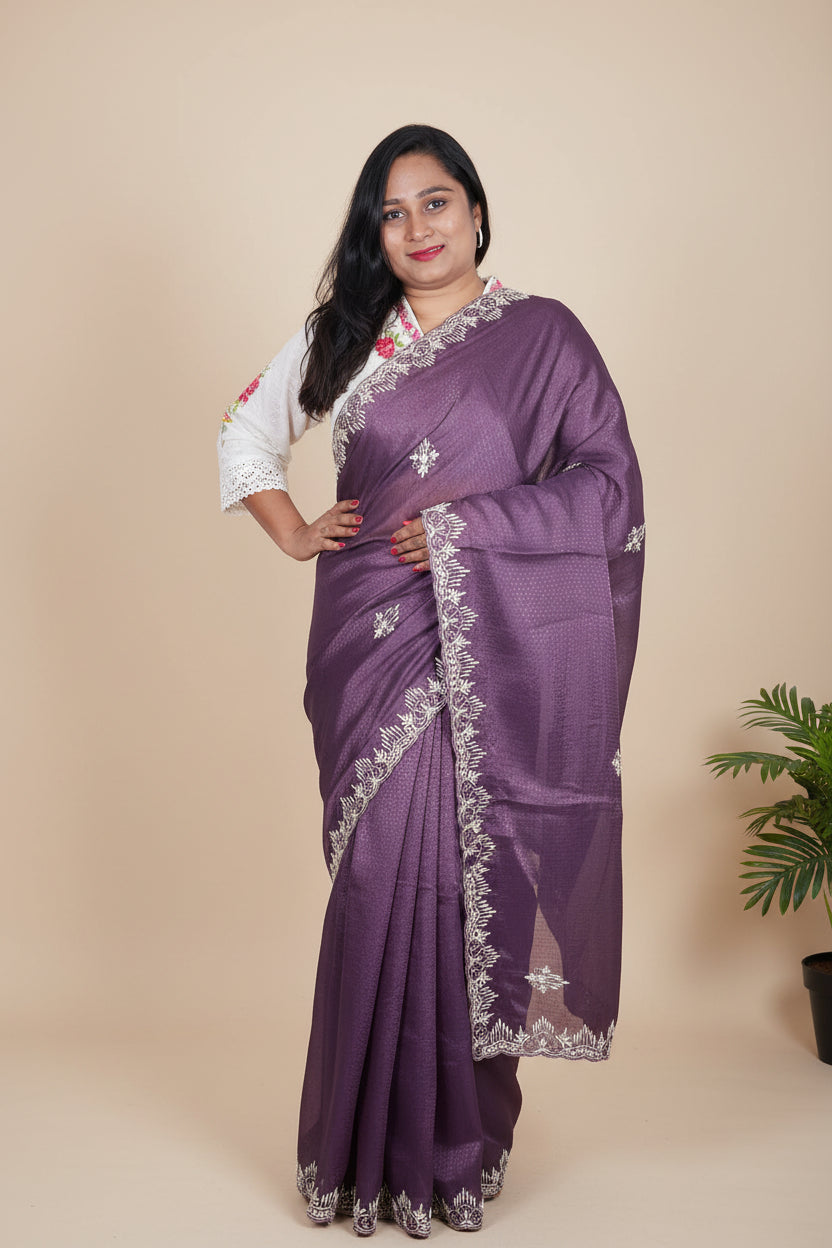 Brinjal Purple Embossed Organza Saree