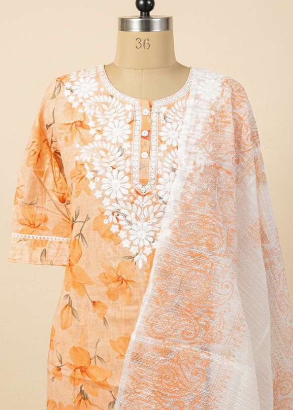 Comfortable Orange Chikankari Cotton Suit Set with Classic Indian Style