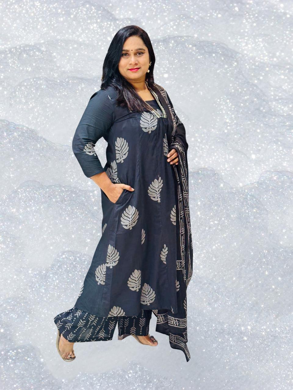 Black Neelam A line Cotton Suit Set